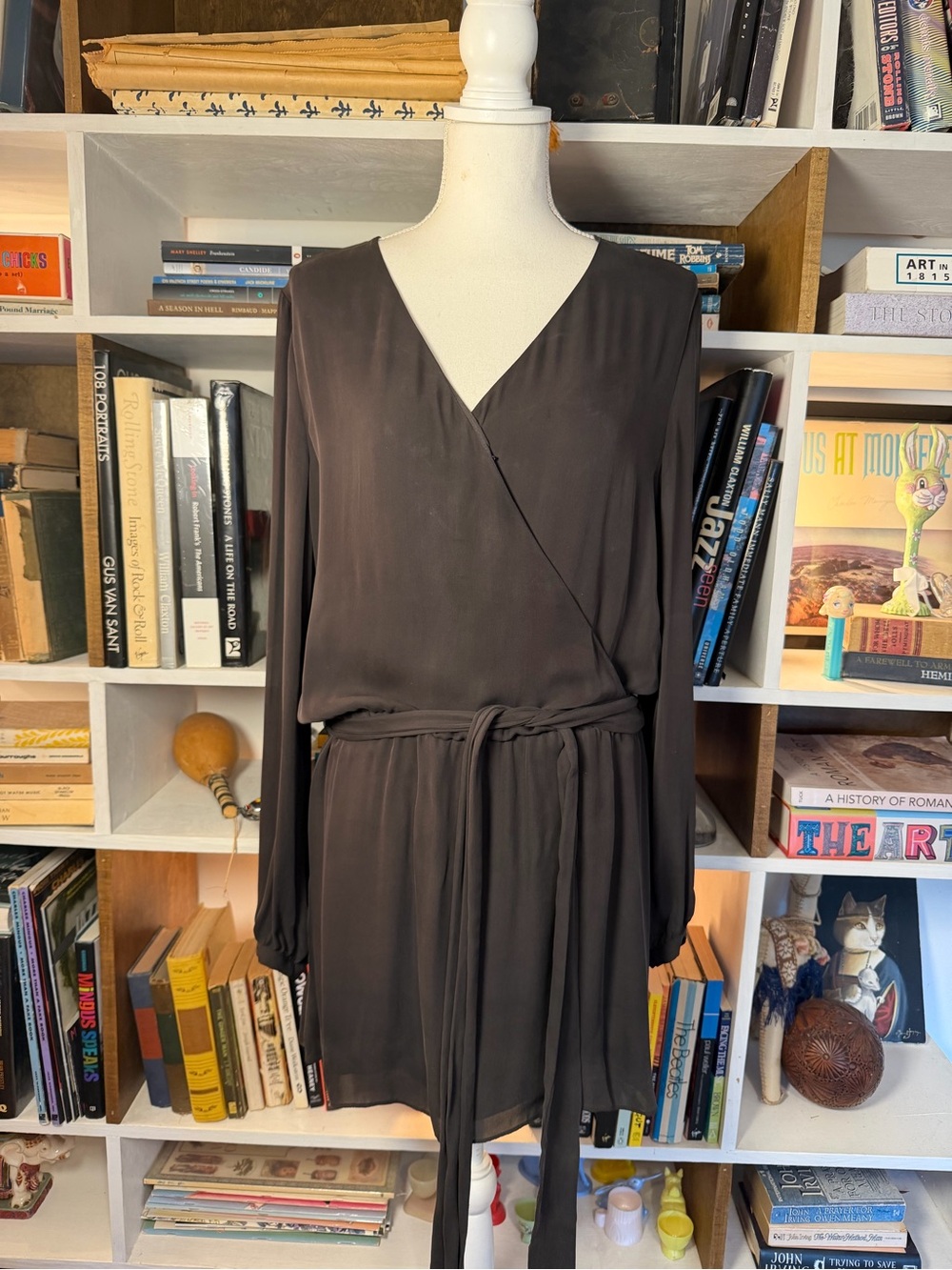 Women's Black Long-Sleeve Wrap Dress with Self Tie Belt